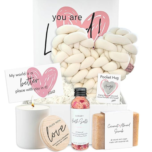 Boxzie You are Loved Gift Box Set for Women, Unique I Love You Gifts for Her, Sending Hugs Care Package - Basket with Pillow, Candle, Soap for Mom, Wife, Daughter, Sister, Best Friend, Grandma