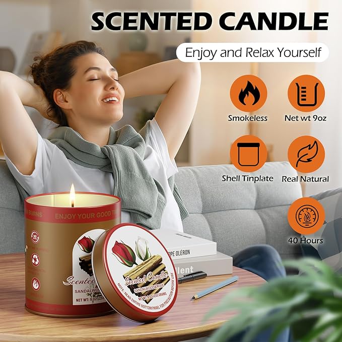 Sandalwood & Rose Scented Candles Gift Set | 2 Pack,8% Essential Oils,80-Hour Clean Burn Smoke-Free | Tin Jar Soy Wax Aromatherapy Candles Relaxation Meditation for Home Birthday Gifts for Men & Women
