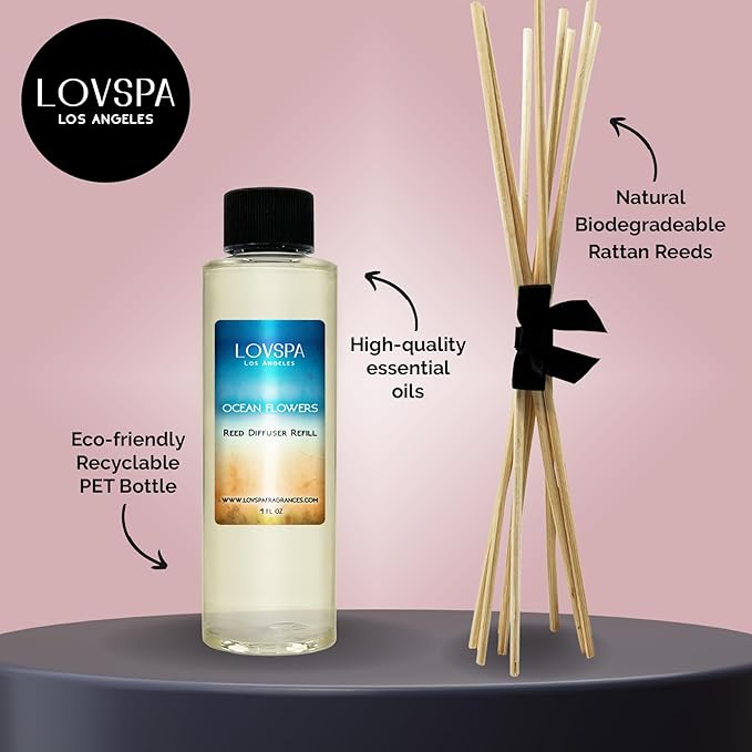 LOVSPA Ocean Flowers Diffuser Oil - Luxury Essential Oils for Diffuser Refill & Air Freshener Room Spray - Long-Lasting & Natural Home Fragrance, Scented Oil for Diffusers, USA Made, 4oz