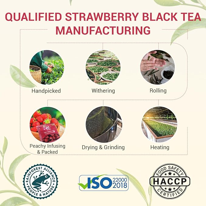 ANBA Black Tea Bags Strawberry Flavor, 25 Count | Sweet & Sour Notes Bold Taste | Naturally Caffeinated | Naturally Fermented | No Sugar Added | ISO HACCP Certified