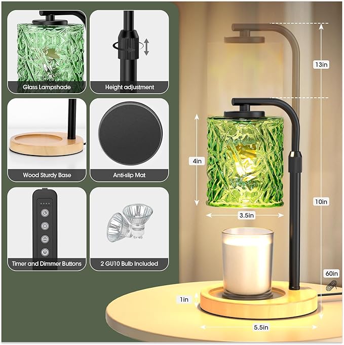 Candle Warmer Lamp with Timer and Dimmer Dimmable Candle Lamp with Glass Lampshade Candle Warmer with Adjustable Height Wax Melt Warmer for Women Home Decor, 2 Bulbs Included