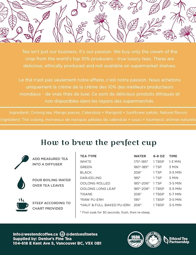 Denise's Fine Tea, USDA Organic, Oolong J'adore Mango, Flavored Oolong Tea, Loose Leaf (100g)