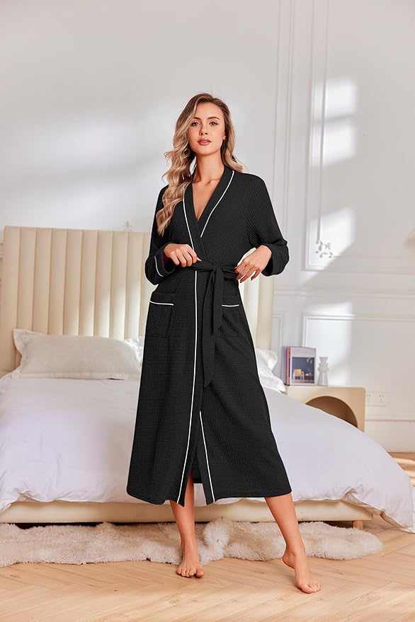 Ekouaer Robes for Women Lightweight Knit Waffle Bathrobe Full Length Kimono Casual Ladies Loungewear