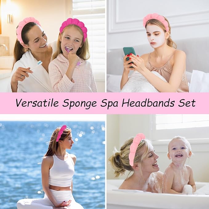 AMCAMI Puffy Spa Headband for Women Sponge Headbands for Girls 2 PCS Terry Towel Cloth Fabric Head Band for Skincare,Makeup Removal,Face Washing,Facial Mask,Shower,Hair Accessories（Red&Light Pink）
