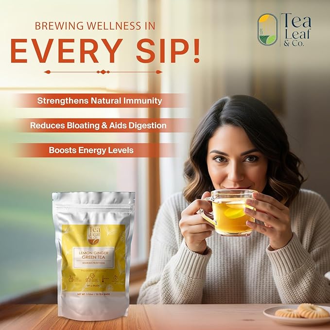 Lemon Ginger Green Tea Bags (50 Count), Green Tea with Orange Peel, Black Pepper & Mint Extract, Caffeinated, Real and Natural Green Tea, Blended with Fresh Herbs and Spices, Gluten Free