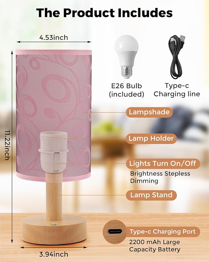 Cordless Table Lamp, 2200mAh Battery Operated Desk Lamp, Touch Bedside Lamps for Night Stands, Warm Light Mini Boho Lamp, Wood Base Round Flaxen Fabric Shade for Living Room,LED Bulb Included (Purple)
