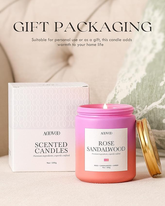 AOOVOO Rose Sandalwood Candles - Scented Candle Gift for Women, 9oz Soy Candle, 50 Hours Burn, Jar Candle for Home Scented, Relaxing, Stress Relief Candles