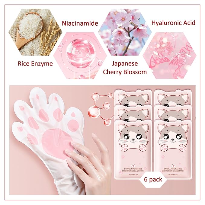 Hand Masks Moisturizing Gloves,6 Pairs Hydrating Hand Peel Masks Gift Set for Dry Cracked Hands Care,Long-lasting and Non-greasy Hand Moisturizer Gloves for Women A