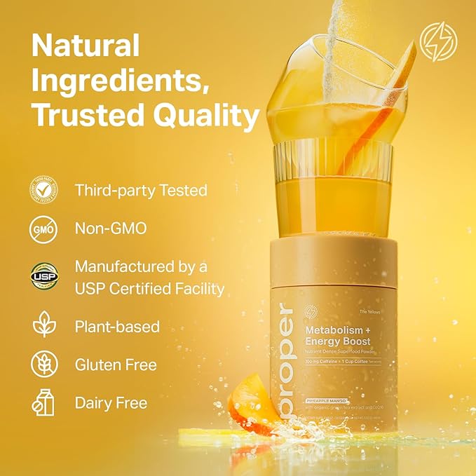 Proper, The Yellows Metabolism and Energy Boost, Sugar Free Energy Drink Powder with 100mg Caffeine. 30 Servings, Pineapple Mango Drink Mix for Men and Women