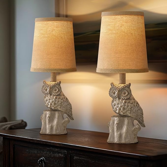14.25" Small Table Lamps Set of 2 Owl Lamps for Home Decor Rustic Farmhouse Vintage Bedside Table Resin Retro Nightstand, White