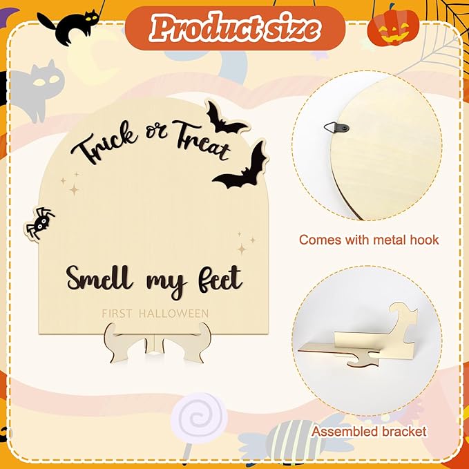 Sereliy Baby's First Halloween DIY Footprint Art Card, Wooden Halloween Baby Sign Keepsake Ornaments for Baby Shower Newborn Photoshoot Prop (Trick)