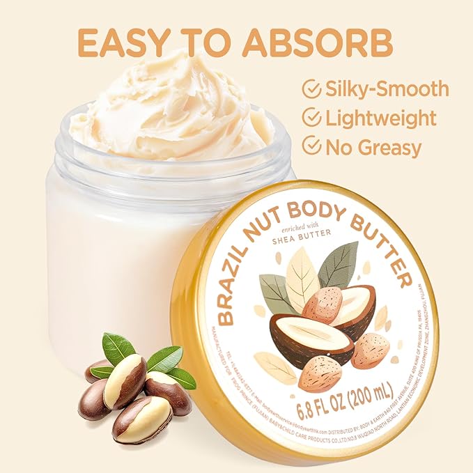 Brazil Nut Body Butter, Shea Butter Moisturizer, Natural Body Butter for Men Women Smell Good, Body Moisturizer for Dry Skin 6.8 floz