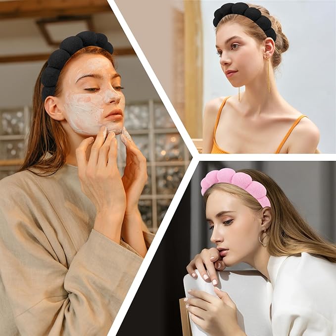 AMCAMI 2 PCS Puffy Spa Headband for Women Sponge Headbands for Girls Terry Towel Cloth Fabric Head Band for Skincare,Makeup Removal,Face Washing,Facial Mask,Shower,Hair Accessories（Black&Light Pink）