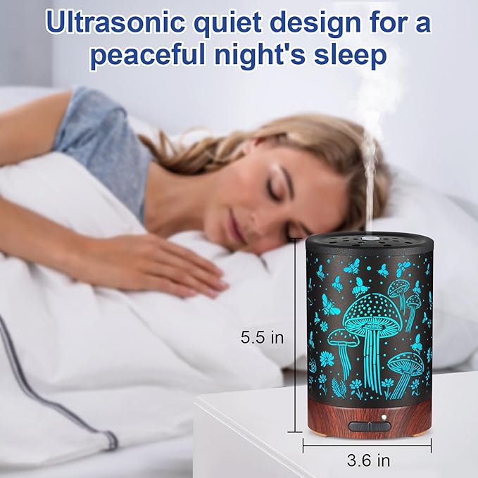 Essential Oil Diffuser- Aromatherapy Diffuser with7 Colors Light, and Auto-Off -Metal Cool Mist Humidifier for Home and Office（Mushroom + Bee）…