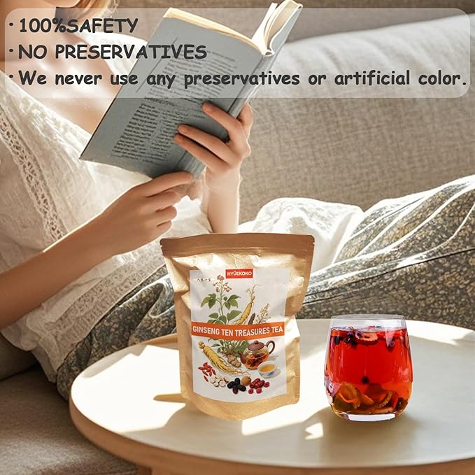 20 Bags Ginseng Ten Treasures Tea, Caffeine-Free Natural Ingredients Herbal Tea Bags, No Additives, Kidney Tea for Men & Women