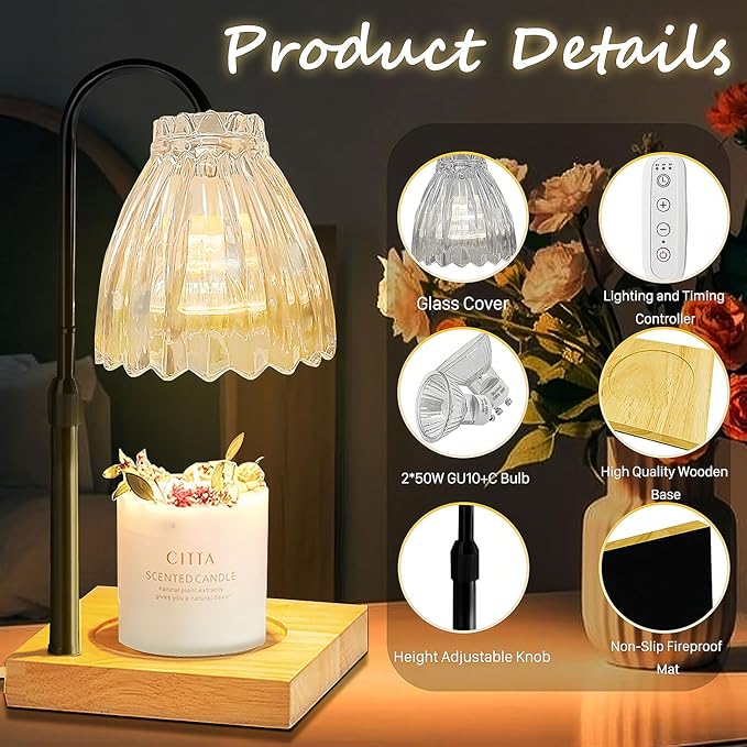 Candle Warmer Lamp with Timer, Dimmable Melted Wax Warmer with Two Bulbs, Height Adjustable Candle Lamp for Bedroom, Living Room Home Decor, House Warming Gift (Black Pole + White Lampshade)