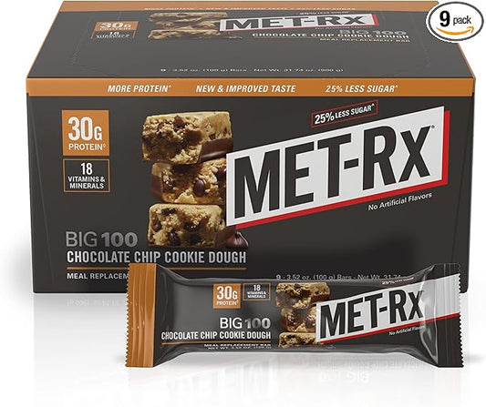 MET-Rx Big 100 Colossal Protein Bars, Chocolate Chip Cookie Dough Meal Replacement Bars, 9 Count (Pack of 1)