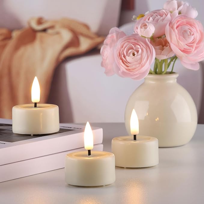 Eywamage Ivory Flameless Wax Tealights with Remote Batteries, Realistic Flickering LED Tea Votive Candles Set of 10