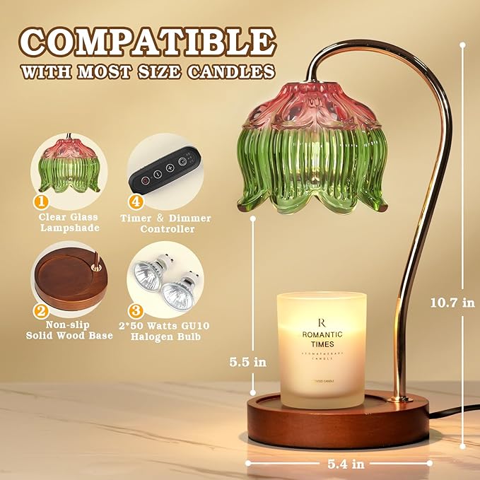 Glass Candle Warmer Lamp with Timer, Electric Candle Warmer Lamp, Graduation Birthday Gifts for Women Girls, Flower Candle Light Warmer Gifts, Aromatic Candle Warmer for Vintage Home Decor