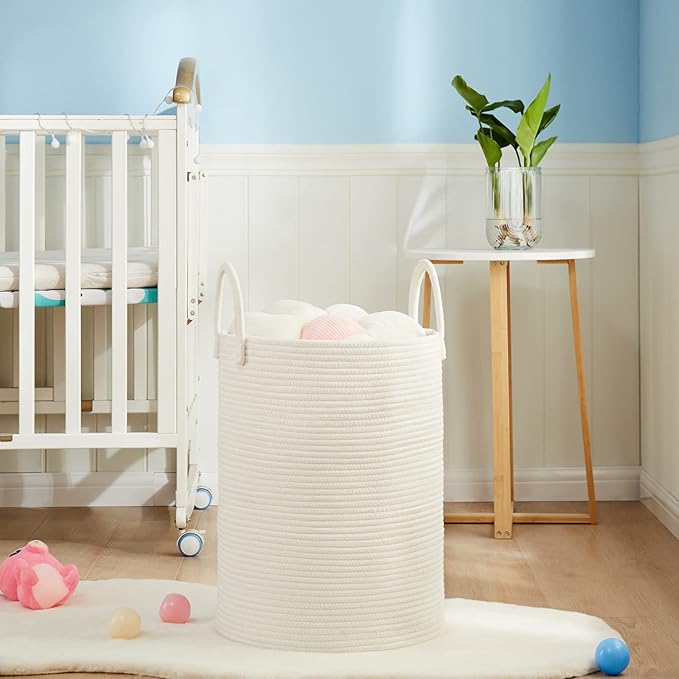 Fiona's magic 72L Large Woven Laundry Hamper, Tall Cotton Rope Storage Basket, Jute Baby Nursery Hamper for Blankets, Toys and Clothes in Bedroom and Living Room Organizing, White