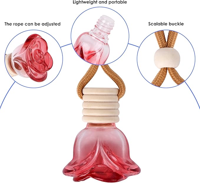 6Pcs Flower Car Air Freshener Diffuser, Hanging Rose Perfume Bottle Refillable Essential Oil Pendant for Auto & Home Decor (Red)