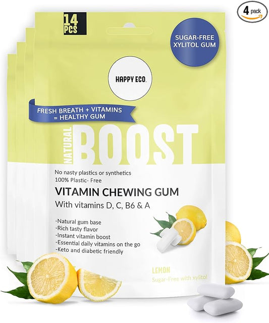 Xylitol Gum Vitamin | Healthy, Sugar Free, Plastic Free, Natural Chewing Gum, Multivitamin A,B6,C & D | Aspartame Free, Boost, Vegan, Gluten Free, Keto | Lemon, 4 pack (56pcs)
