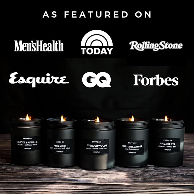 Craft & Kin Premium Smoke & Vanilla Candle | Black Fall Scented Candles for Men | Long Lasting with 45 Hour Burn Time, 7.6oz | Made with Soy | Aromatherapy at Home | Gifts for Men