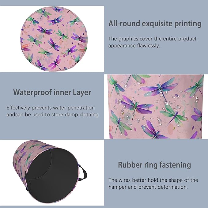 Colorful Dragonfly Laundry Basket,Foldable with Handles Tote Bag Oxford Cloth for Bathroom Bedroom Dirty Clothes Storage Bucket 16" x 20.8"