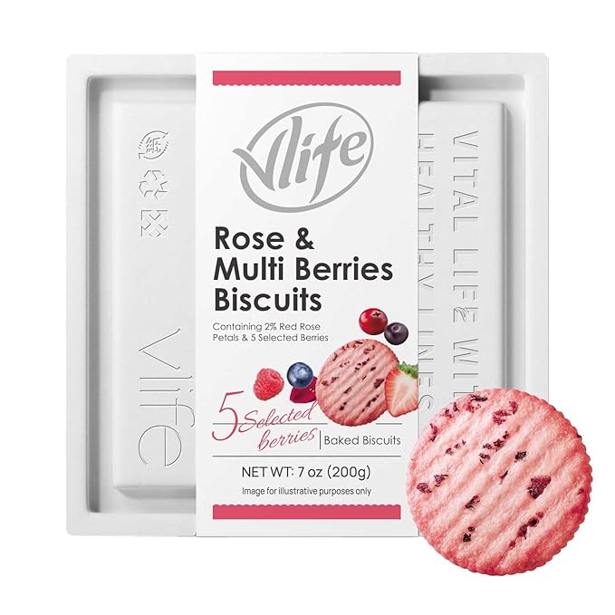 V-LOONG Rose & Multi Berries Biscuits, Vlife Baked Round Crackers, Sweet and Crispy Snacks, (1 PACK,7 Ounce)