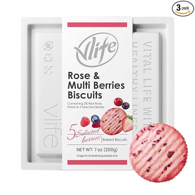 V-LOONG Rose & Multi Berries Biscuits, Vlife Baked Round Crackers, Sweet and Crispy Snacks, (3 PACK, 21 Ounce)