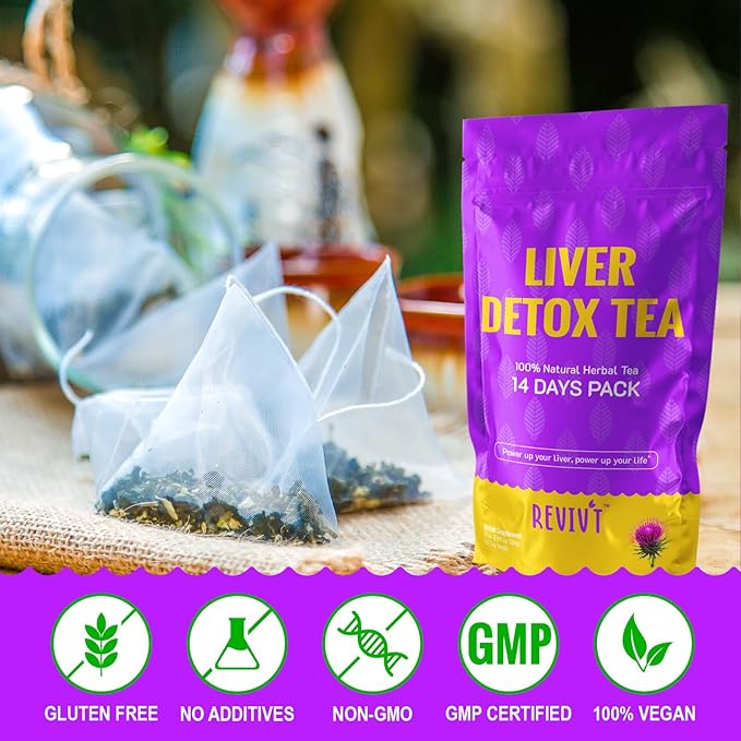 REVIVT Liver Detox Tea - Natural Liver Cleanse & Digestive Support, Herbal Blends with Milk Thistle, Artichoke, Liquorice, Caffeine Free, 14 Day Supply