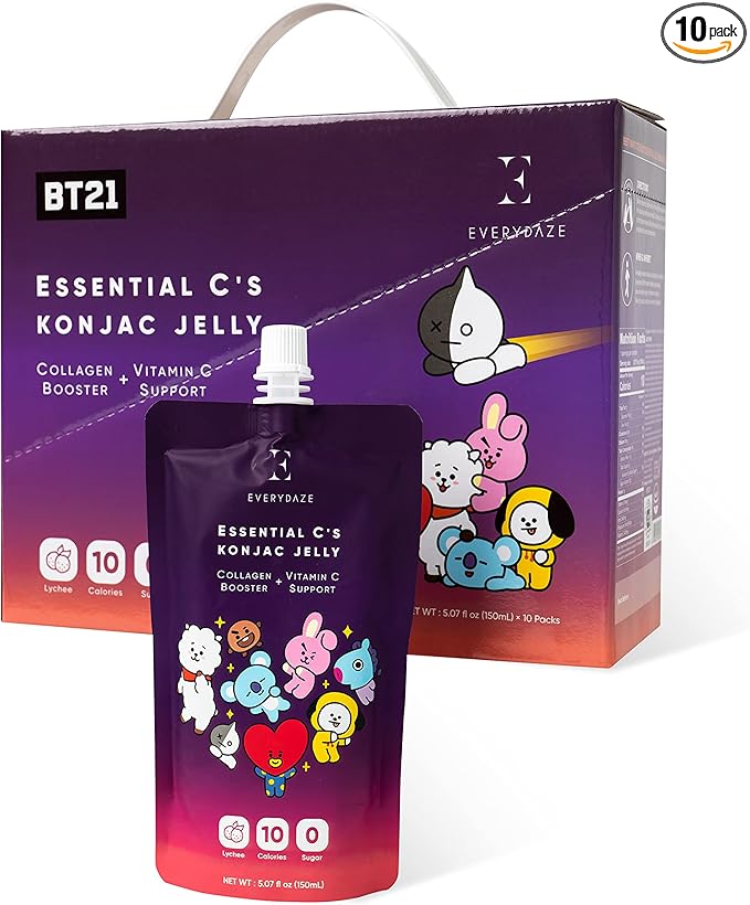 EVERYDAZE BT21 Essential C’s Konjac Jelly | Lychee | Vegan Collagen Peptides and Vitamin C | Gluten Free, Sugar Free, Low Calorie | Healthy Drinkable Fruit Snack | 10 Pack Box Food Drink Pouch