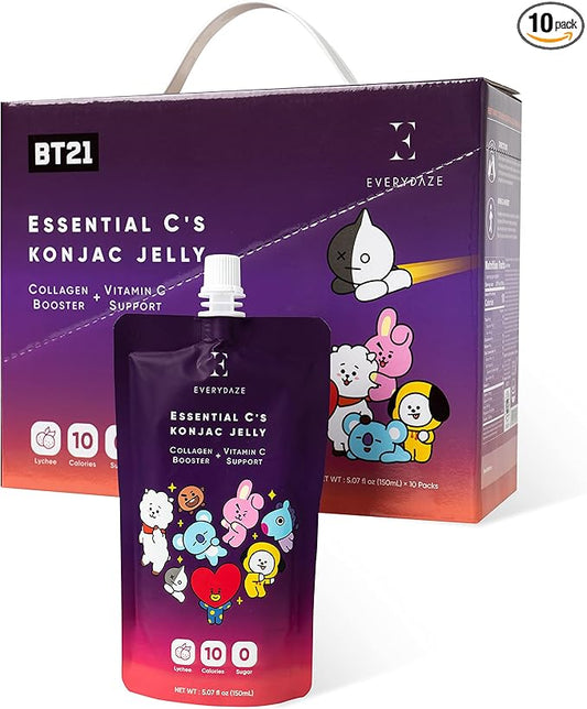 EVERYDAZE BT21 Essential C’s Konjac Jelly | Lychee | Vegan Collagen Peptides and Vitamin C | Gluten Free, Sugar Free, Low Calorie | Healthy Drinkable Fruit Snack | 10 Pack Box Food Drink Pouch