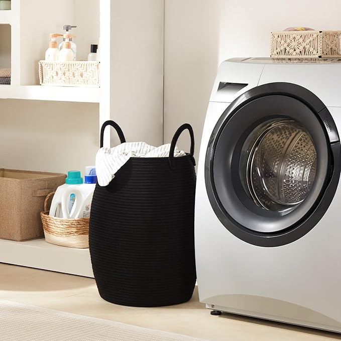 Fiona's magic 105L Extra Large Laundry Hamper Basket, Woven Tall Clothes Hamper for Storage Blanket, Toys and Dirty Cothes in Bedroom and Living Room Organizer, Black