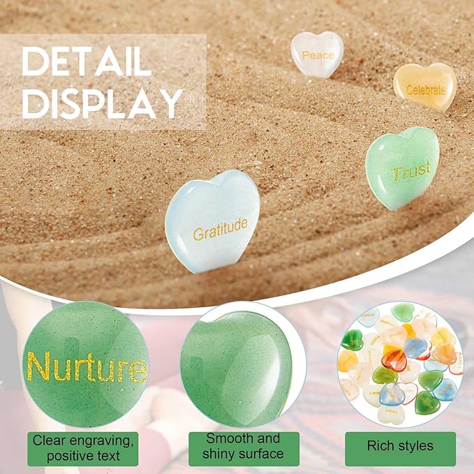 Fabbay 30 Pcs Heart Inspirational Stones, Heart Stones with 30 Different Words, Engraved Worry Rocks Bulk As Meditation Decorations, Party Gifts for Encouragement Friends Family (0.8 Inch)