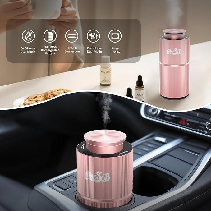 Smart Waterless Diffuser, Waterless Diffusers for Essential Oils with Timer & 3 Mist Levels, Super Silent Aromatherapy Essential Oil Diffuser Battery Operated for Car, Home, Office Rose Gold