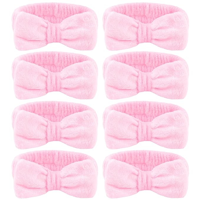 Ondder Spa Headband for Washing Face 8 Pack Pink Skincare Headbands for Women Girls Terry Cloth Cute Bow Head Bands