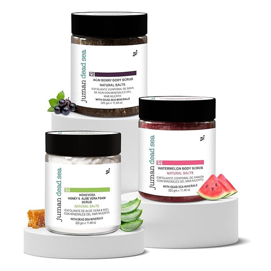 Juman Dead Sea Minerals Fruity Body Scrub Set | Infused with Essential Oils | Gently Exfoliates and Rejuvenates Skin | SlS & Paraben Free | Vegan | Scrub Pack of 3