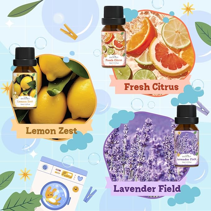 Laundry Fragrance Oils Set, SNOWSEN Clean Essential Oils for Diffuser, Wool Dryer Balls, Cotton Clean, Chamomile Bliss, Fresh Citrus, Lavender Field,Peppermint Burst, Lemon Zest, Freshie Scented Oil