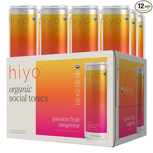 Hiyo Organic Social Tonic- Passion Fruit Tangerine, 12 Pack – N.A. Functional Seltzer, Sparkling Water Crafted with Organic Adaptogens, Nootropics, & Botanicals