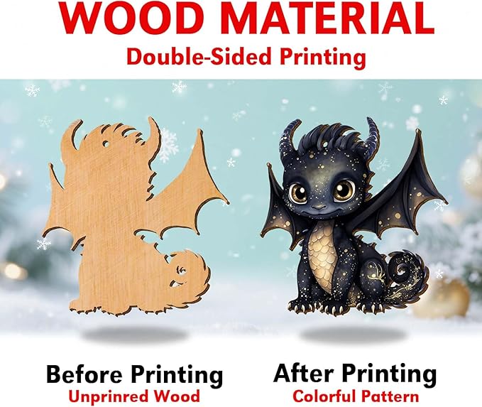 Black Dragon Christmas Tree Keepsake Ornaments, Funny Dragons Themed 2 Side Printed Flat Wooden Ornament, Xmas Hanging Decor