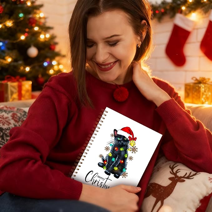 Exqcom Christmas Black Cat Spiral Notebook Gifts, Black Cat Gifts, Merry Christmas Journal for Women, Winter Holiday Funny Kitty Hardcover Notebook Journal Office School Supplies, 5.5x8.3 Inch