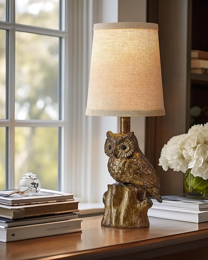 14.25" Small Table Lamp for Living Room Farmhouse Bedside Resin Single Lamp with Gold Owl Lamp Shape for Bedroom Retro Rustic Nightstand Lamp
