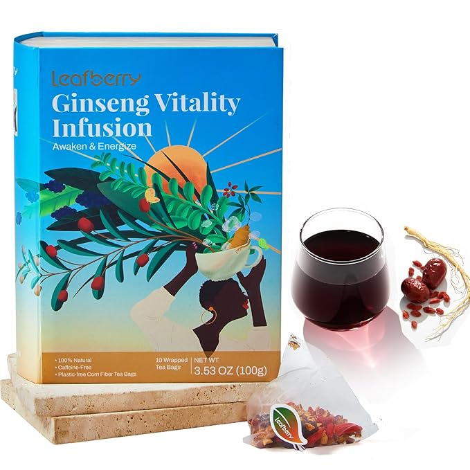 Ginseng Tea Bags - Natural Energy Boost Herbal Tea with Goji Berry & Red Dates, Kidney Tea for Mental Focus, Caffeine F-ree Morning Teas, 10 Counts Starch Bag Gift Box