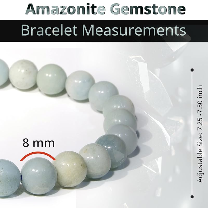 Amazonite Crystal Bracelet – Protection Healing Crystal Bracelet for Women and Men – 8mm Round Beaded Bracelet for Emotional Balance – Adjustable Size Gemstone Bracelet for Attract Good Luck