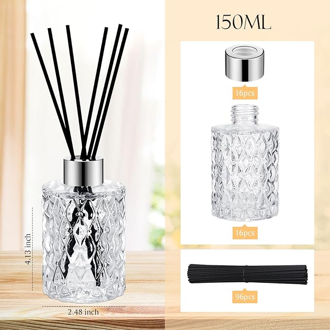 Norme 6 Set Empty Reed Diffuser Bottle Set with Stick, 150ml Refillable Patterned Glass Vase with Black Rattan Reed & Cap for DIY Essential Oil, Home Fragrance, Bulk (Silver)