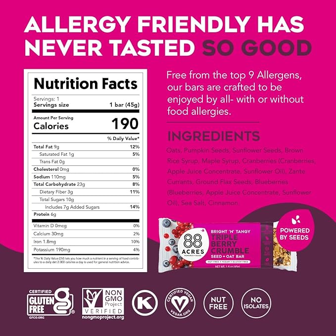 88 Acres Granola Bars | Triple Berry | Gluten Free, Nut-Free Oat and Seed Snack Bar | Vegan & Non GMO | 12 Pack
