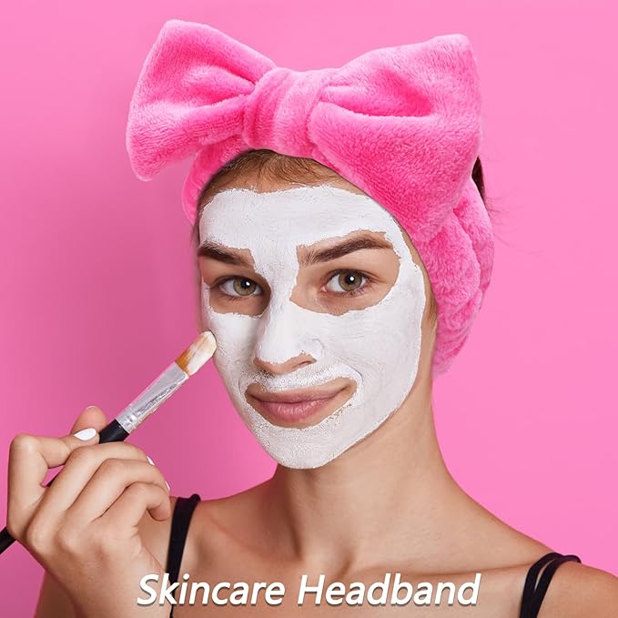 VELSCRUN 6 Pack Spa Headband, Makeup Headbands, Face Wash Headband, Skincare Headbands, Rose Pink Sponge Hair Band Bow Tie Spa Head Band for Washing Face Wristband Set Women Girls Hair Accessories