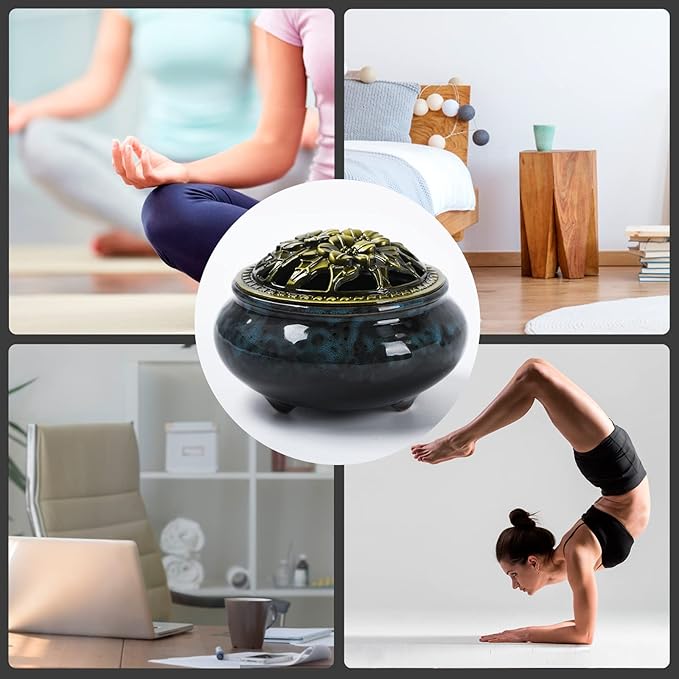 Ceramic Incense Burner with Incense Holder+Spacer Layer+Fireproof Cotton,Handmade Smudging Burn Bowl for Stick or Coil Incense,Sage Cones and Frankincense (Dark Blue)