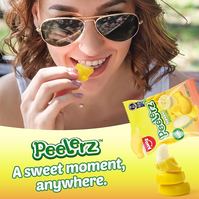 AMOS Peelerz Banana Gummy Candy, Peelable Fruit-Shaped Candy, 8.47oz Box with 10 Individual Packs – Fun Peeling Gummy Snack Made with Real Juice